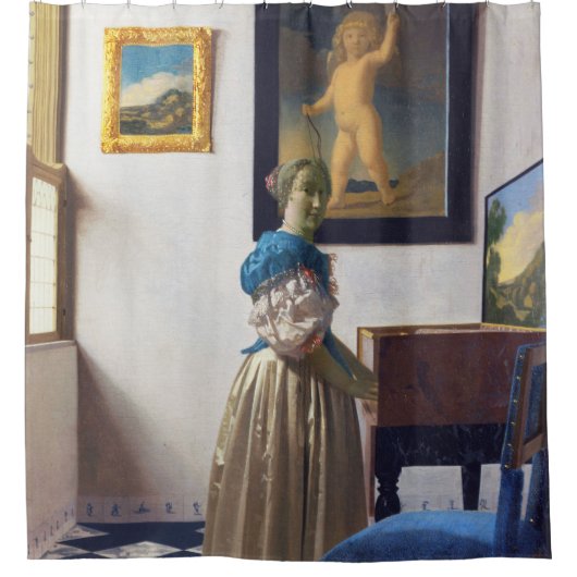 Lady Stehend in einer Jungfrau, Johannes Vermeer Duschvorhang (Vorderseite)