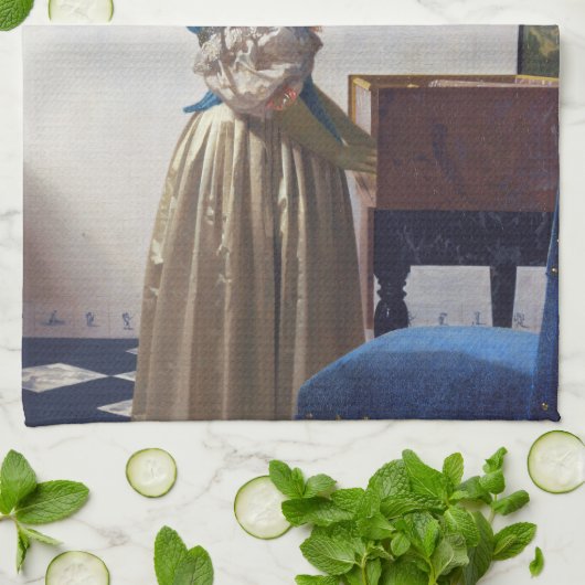 Lady Stehend in einer Jungfrau, Johannes Vermeer Geschirrtuch (Gefaltet)