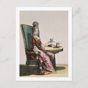 Lady take Coffee, fashion plate, c.1695 (engravi Postkarte