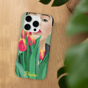 Lady & Tulip Green Orange Moderne grafische Malere iPhone 16 Pro Hülle