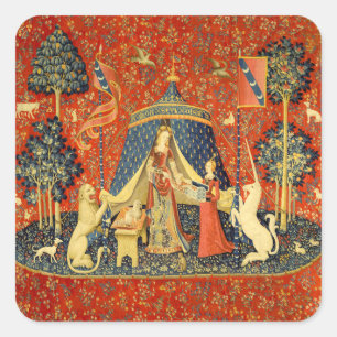 Lady und die Unicorn Mittelalterliche Tapisserie Quadratischer Aufkleber