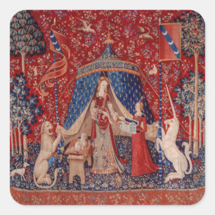 Lady und Einhorn Mittelalter-Teppich Wunsch Quadratischer Aufkleber