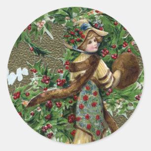 Lady und Holly Berries Vintage Weihnachten Runder Aufkleber