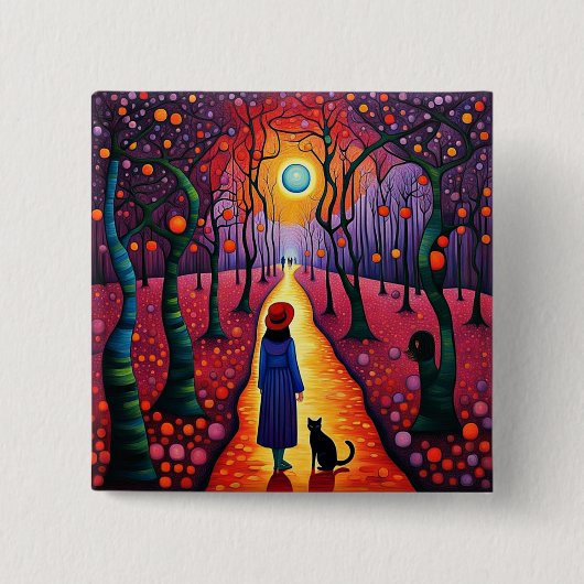 Lady und ihre Katze im Pflaumenhain Button (Vorderseite)