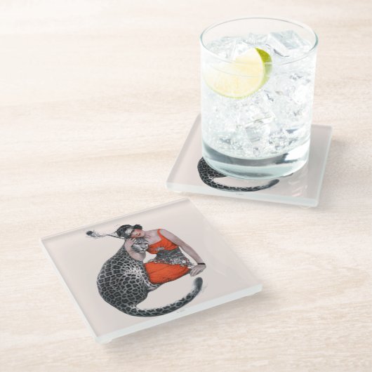 Lady und Leopard Glasuntersetzer (Schrägansicht)