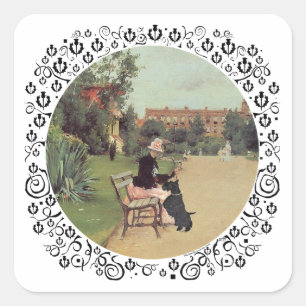 Lady und Scottie im Park Quadratischer Aufkleber