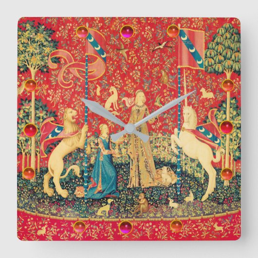 LADY UND UNICORN Fantasy Blume, Tiere, Edelsteine Quadratische Wanduhr (Vorderseite)