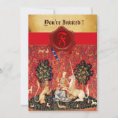 LADY UND UNICORN MONOGRAM RED WAX SIEGEL PARCHMENT EINLADUNG (Vorderseite)