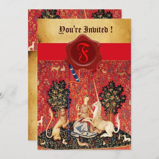 LADY UND UNICORN MONOGRAM RED WAX SIEGEL PARCHMENT EINLADUNG (Vorne/Hinten)