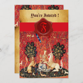 LADY UND UNICORN MONOGRAM RED WAX SIEGEL PARCHMENT EINLADUNG