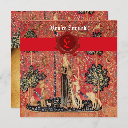 LADY UND UNICORN MONOGRAM RED WAX SIEGEL PARCHMENT EINLADUNG (Vorne/Hinten)