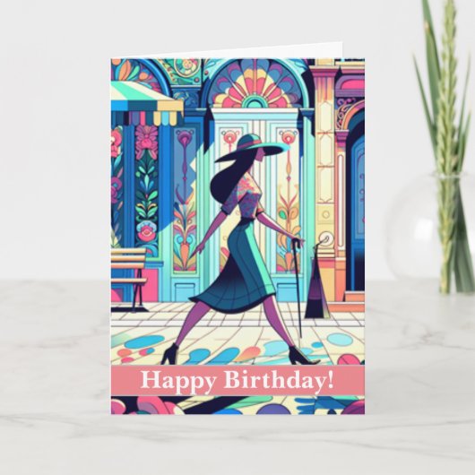 Lady Walking - Happy Birthday Card Feiertagskarte (Vorderseite)