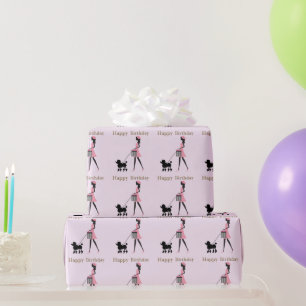 Lady wandelt schwarze Poodle Glücklich Geburtstag Geschenkpapier