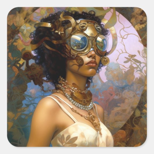 Lady Wearing Goggles Black Fantasy Sci-Fi Quadratischer Aufkleber (Vorderseite)