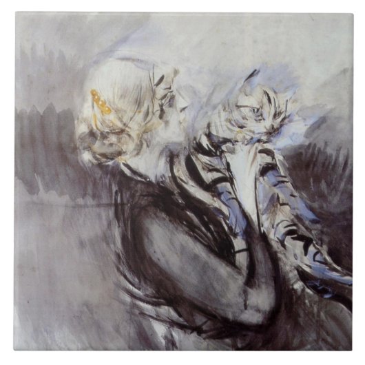 Lady with a Gray Cat (von Giovanni Boldini) Fliese (Vorderseite)
