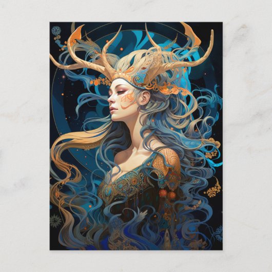 Lady with Antlers Boho Fantasy Art Postcard Postkarte (Vorderseite)