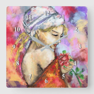 Lady with Rose - Abstract Woman Original Painting Quadratische Wanduhr