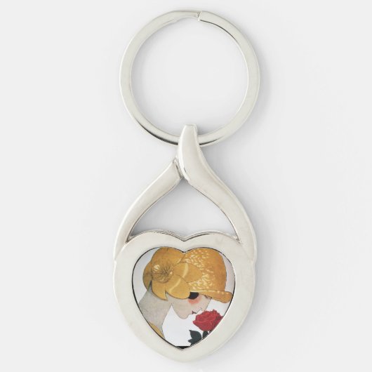 LADY WITH ROTE ROSE Beauty Fashion Herz Schlüsselanhänger (Vorderseite)