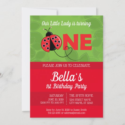Ladybug 1. Geburtstag Einladung mit Bild (Vorderseite)