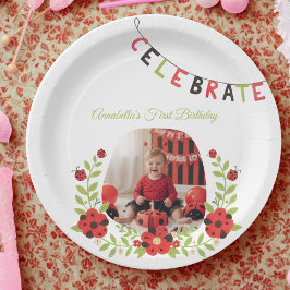 Ladybug 1st Birthday Floral Pappteller
