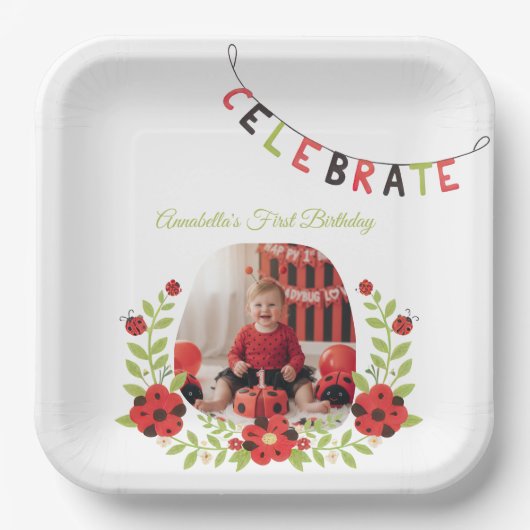 Ladybug 1st Birthday Floral Pappteller (Vorderseite)