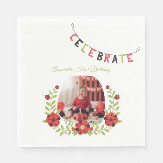 Ladybug 1st Birthday Floral Serviette (Vorderseite)
