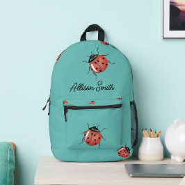 Ladybug auf blauem personalisiert bedruckter rucksack