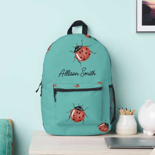 Ladybug auf blauem personalisiert bedruckter rucksack