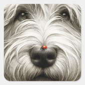 Ladybug auf der Nase eines Hundes Quadratischer Aufkleber (Vorderseite)