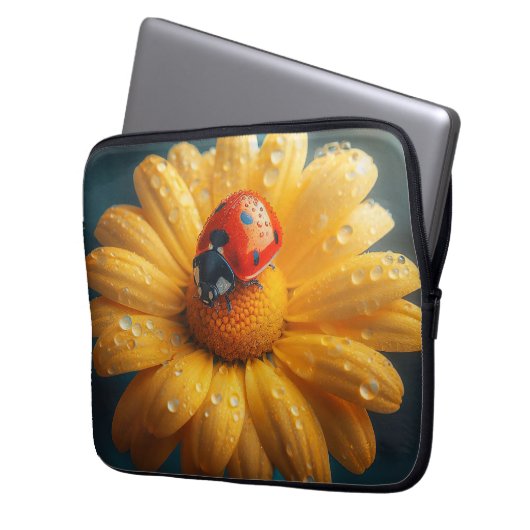 Ladybug auf einem gelben Blume-Makro Laptopschutzhülle (Vorderseite Links)