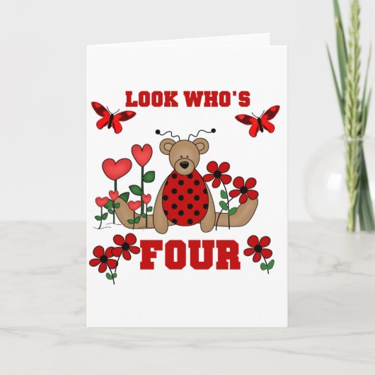 Ladybug Bear 4. Geburtstag Shirts und Geschenke Karte (Vorderseite)