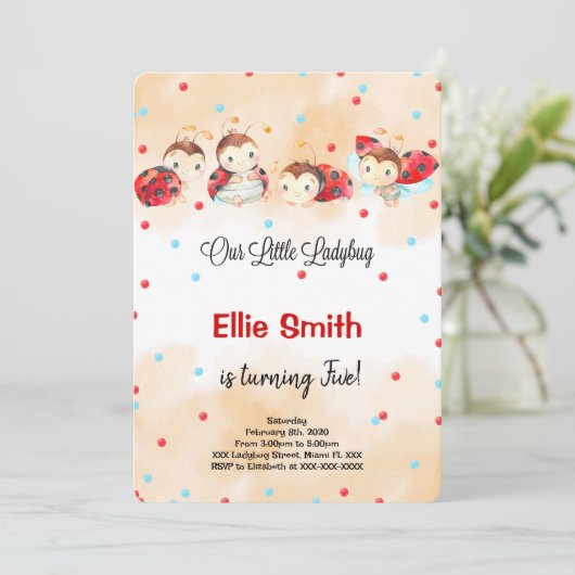 Ladybug Birthday Einladung (Stehend Vorderseite)