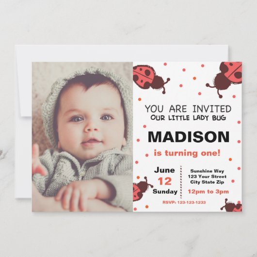 Ladybug Birthday Einladung mit Foto (Vorderseite)