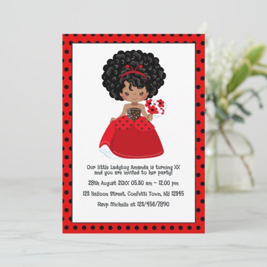 Ladybug Black Princess Fairy Tale Birthday Party Einladung (Stehend Vorderseite)
