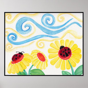 Ladybug & Blume Aquarelldruck Poster