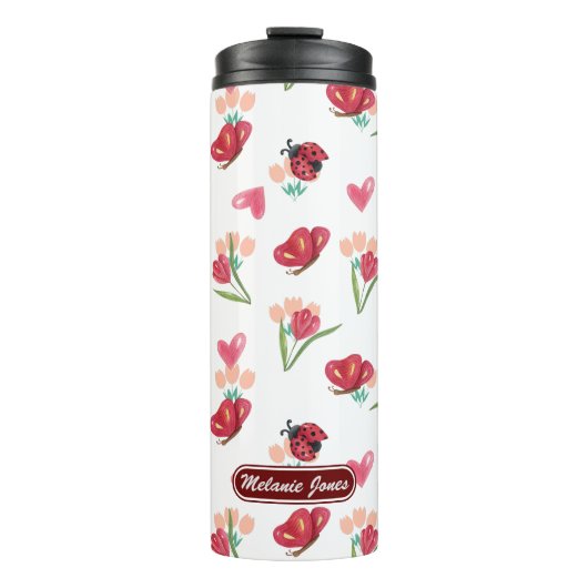 Ladybug, Butterfly und Tulip Herzmuster Thermosbecher (Vorderseite)
