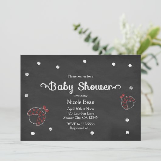 Ladybug Chalkboard Dots Baby Shower Einladungen (Stehend Vorderseite)