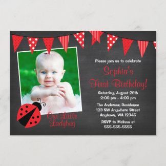 Ladybug Chalkboard Foto Geburtstag Einladung