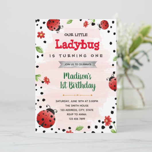 Ladybug Dusche Geburtstagseinladung Einladung (Stehend Vorderseite)