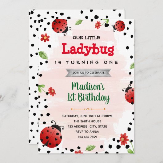 Ladybug Dusche Geburtstagseinladung Einladung (Vorne/Hinten)