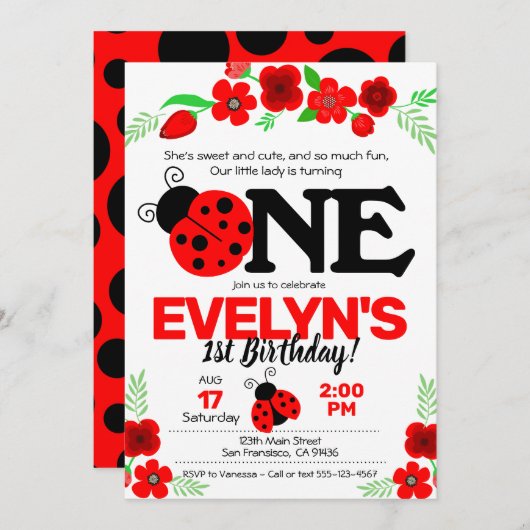 Ladybug Einladung zum 1. Geburtstag (Vorne/Hinten)