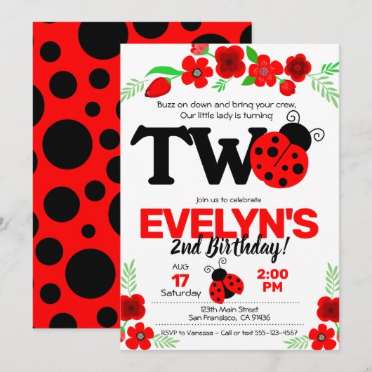 Ladybug Einladung zum 2. Geburtstag (Vorne/Hinten)