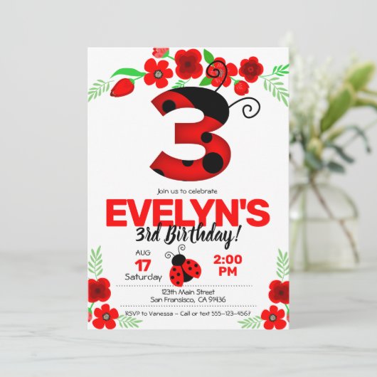Ladybug Einladung zum 3. Geburtstag (Stehend Vorderseite)