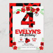 Ladybug Einladung zum 4. Geburtstag (Vorne/Hinten)