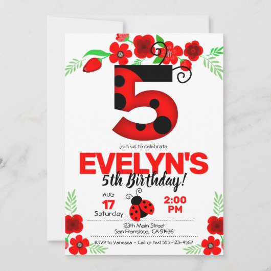 Ladybug Einladung zum 5. Geburtstag (Vorderseite)