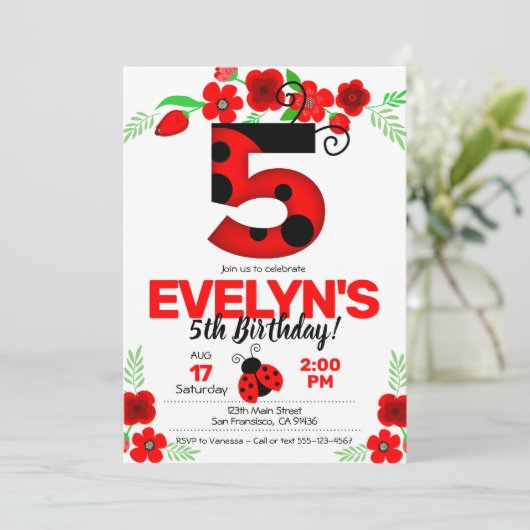 Ladybug Einladung zum 5. Geburtstag (Stehend Vorderseite)