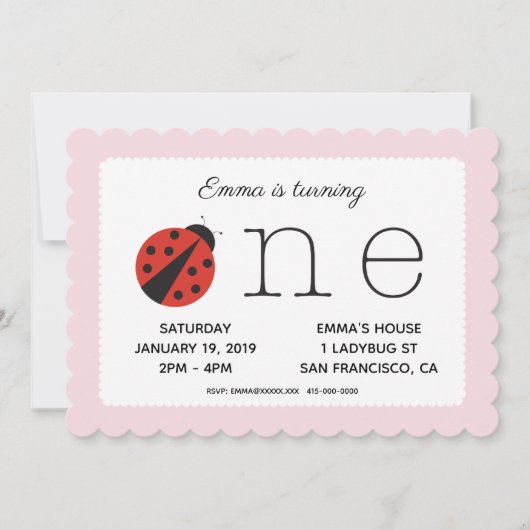 Ladybug Einladung zum ersten Geburtstag in Rosa (Vorderseite)