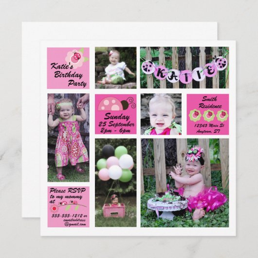 Ladybug Einladung zum Geburtstag (Vorne/Hinten)