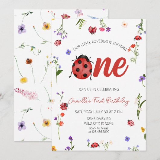 Ladybug First Birthday Einladung (Vorne/Hinten)