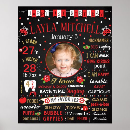 Ladybug First Birthday-Kalkboard-Zeichen Poster (Vorne)